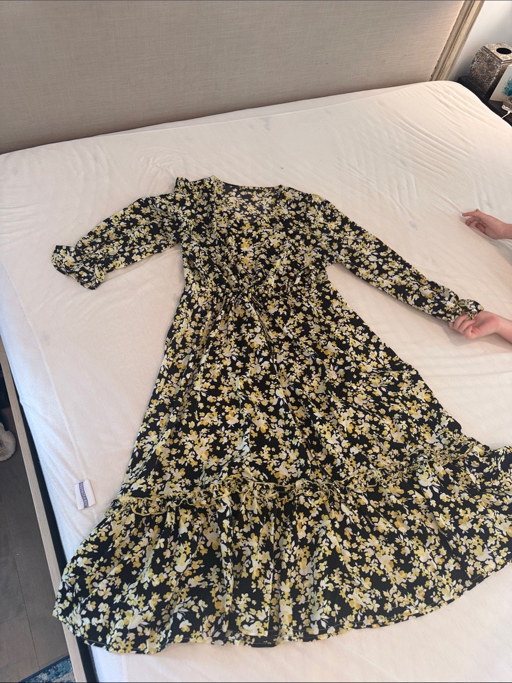 Amazon Black Floral Long Sleeve Midi Dress with Yellow Blossoms